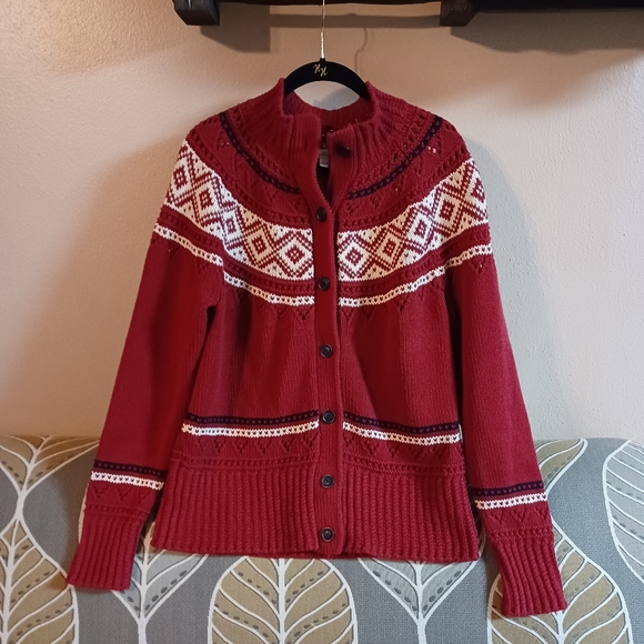 L.L.Bean Signature Women's Large 100% Cotton Red Knit Cardigan Button Up Sweater - Picture 2 of 8